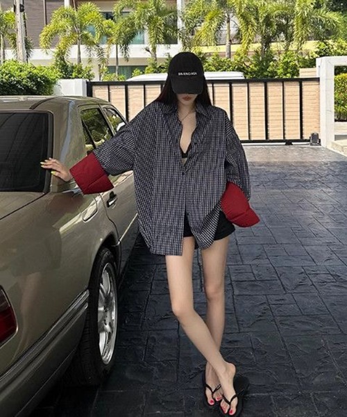 AsheKsha(アシクシャ)の「レトロパッチワークチェック柄ゆったり長袖シャツ(シャツ/ブラウス・レディース・ブラック・M)」の4枚目の写真