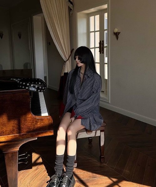 AsheKsha(アシクシャ)の「レトロパッチワークチェック柄ゆったり長袖シャツ(シャツ/ブラウス・レディース・ブラック・M)」の7枚目の写真