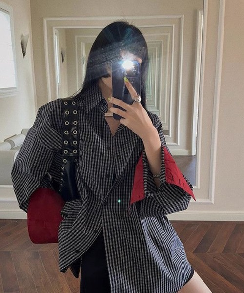 AsheKsha(アシクシャ)の「レトロパッチワークチェック柄ゆったり長袖シャツ(シャツ/ブラウス・レディース・ブラック・M)」の8枚目の写真