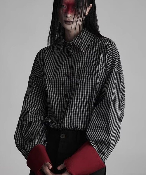 AsheKsha(アシクシャ)の「レトロパッチワークチェック柄ゆったり長袖シャツ(シャツ/ブラウス・レディース・ブラック・M)」の9枚目の写真