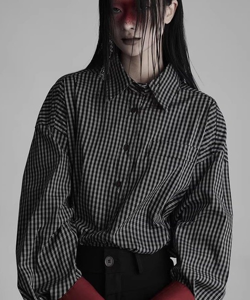 AsheKsha(アシクシャ)の「レトロパッチワークチェック柄ゆったり長袖シャツ(シャツ/ブラウス・レディース・ブラック・M)」の11枚目の写真