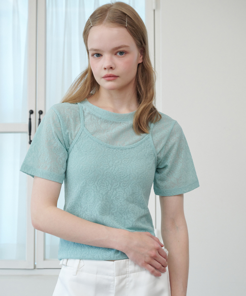 OPENING SUNSHINE(オープニングサンシャイン)の「ローズジャカードレーススリーブレストップ ミント(Tシャツ/カットソー・レディース・その他・FREE)」の2枚目の写真