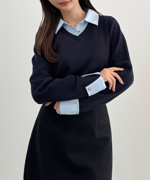 CENEA(セネア)の「シャツドッキングニットトップス+ミニスカートSET(インパン付き)(セットアップ・レディース・ブラック/アイボリー/チャコール/ブルー系その他/ネイビー・SMALL/LARGE/X-LARGE/MEDIUM)」の6枚目の写真