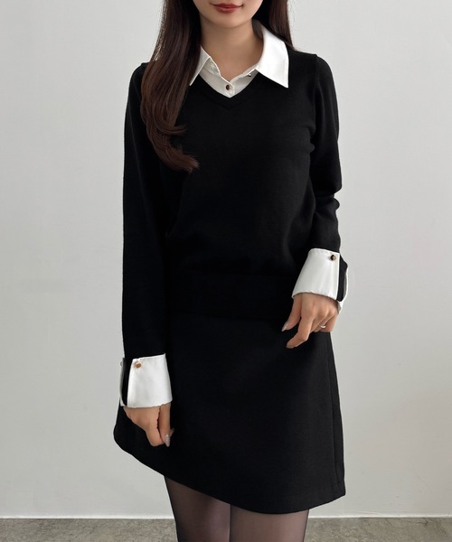 CENEA(セネア)の「シャツドッキングニットトップス+ミニスカートSET(インパン付き)(セットアップ・レディース・ブラック/アイボリー/チャコール/ブルー系その他/ネイビー・SMALL/LARGE/X-LARGE/MEDIUM)」の14枚目の写真