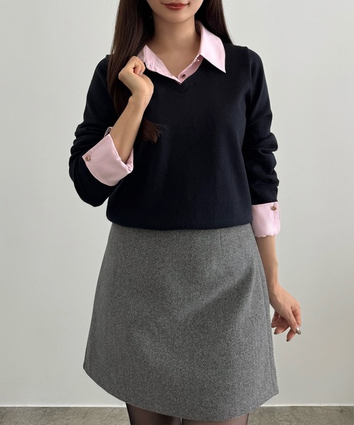 CENEA(セネア)の「シャツドッキングニットトップス+ミニスカートSET(インパン付き)(セットアップ・レディース・ブラック/アイボリー/チャコール/ブルー系その他/ネイビー・SMALL/LARGE/X-LARGE/MEDIUM)」の18枚目の写真