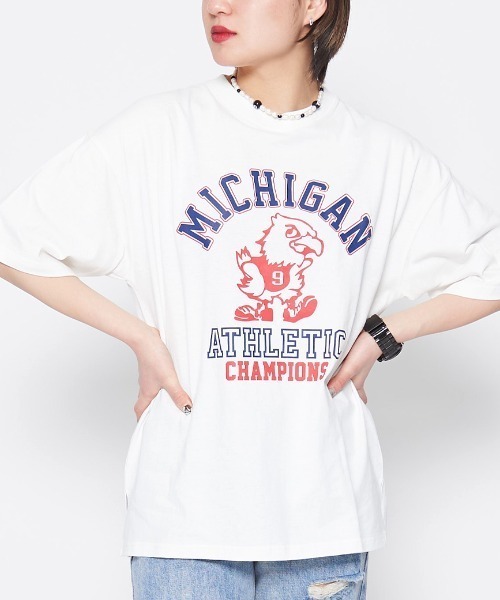 DOUBLE STEAL(ダブルスティール)の「バードプリントカレッジTシャツ(Tシャツ/カットソー・レディース・カーキ・FREE)」の3枚目の写真
