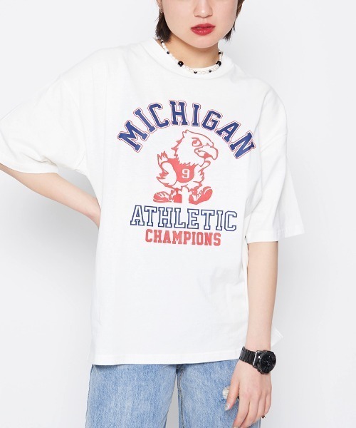 DOUBLE STEAL(ダブルスティール)の「バードプリントカレッジTシャツ(Tシャツ/カットソー・レディース・カーキ・FREE)」の4枚目の写真