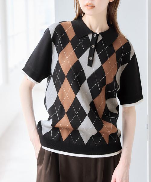 U by SPICK&SPAN（ユーバイスピックアンドスパン）の「衿つきハーフスリーブニット（ニット/セーター・レディース・ボルドー/ブラック・FREE）」の8枚目の写真