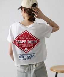 ショート丈裾フリンジオーバサイズシルエットロゴプリントTシャツ 半袖