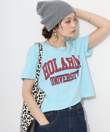 ショート丈裾フリンジオーバサイズシルエットロゴプリントTシャツ 半袖