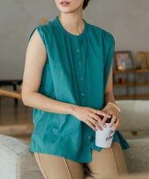 【C-FORTPOINT/フォートポイント】【綿100% 大人の魅力を引き立てる繊細な刺繍】刺繍切替 ノースリーブブラウス バンドカラー 透け感 涼やか 上品 華やか