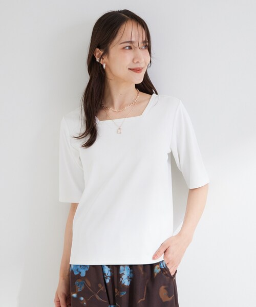 SHOO・LA・RUE(シューラルー)の「【ひんやり/前後2WAY/S-LL】着回しやすい 5分袖テレコトップス(Tシャツ/カットソー・レディース・レッド系/ブラウン系その他/ブラック/ホワイト・01/04/03/02)」の5枚目の写真