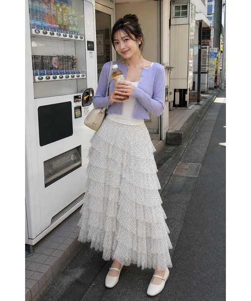 KONVINI(コンビニ)の「【KONVINI select】ティアードチュールスカート レディース ロングスカート ドットチュール バレエコア 韓国ファッション フェミニン(スカート・レディース・ブラック/ホワイト・FREE)」の1枚目の写真
