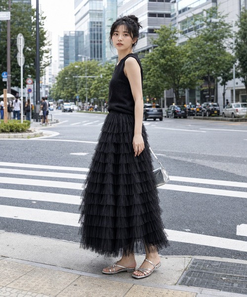 KONVINI(コンビニ)の「【KONVINI select】ティアードチュールスカート レディース ロングスカート ドットチュール バレエコア 韓国ファッション フェミニン(スカート・レディース・ブラック/ホワイト・FREE)」の21枚目の写真