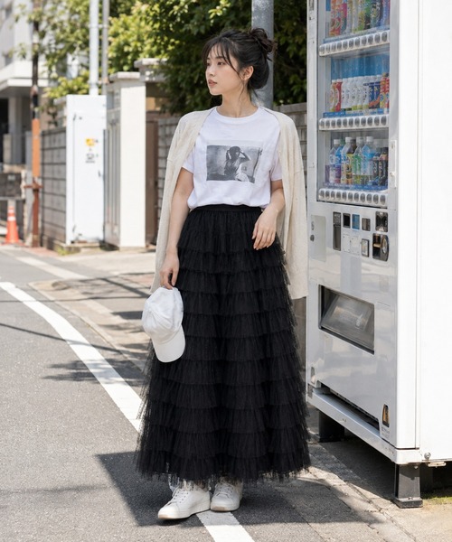 KONVINI(コンビニ)の「【KONVINI select】ティアードチュールスカート レディース ロングスカート ドットチュール バレエコア 韓国ファッション フェミニン(スカート・レディース・ブラック/ホワイト・FREE)」の22枚目の写真