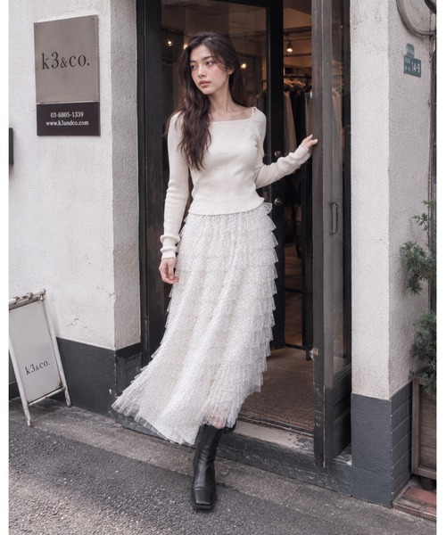 KONVINI(コンビニ)の「【KONVINI select】ティアードチュールスカート レディース ロングスカート ドットチュール バレエコア 韓国ファッション フェミニン(スカート・レディース・ブラック/ホワイト・FREE)」の9枚目の写真