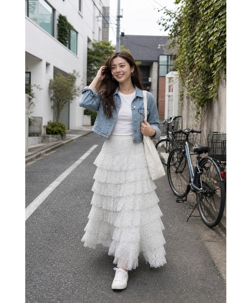 KONVINI(コンビニ)の「【KONVINI select】ティアードチュールスカート レディース ロングスカート ドットチュール バレエコア 韓国ファッション フェミニン(スカート・レディース・ブラック/ホワイト・FREE)」の5枚目の写真