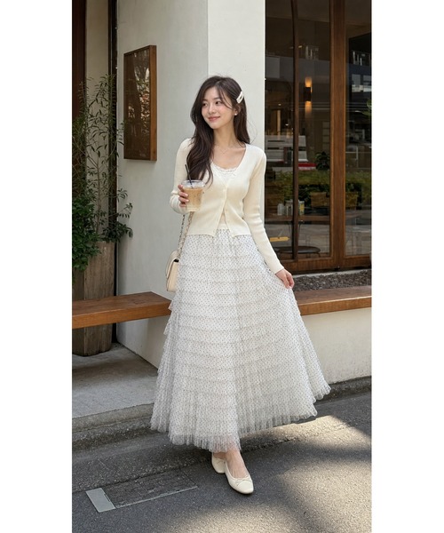 KONVINI(コンビニ)の「【KONVINI select】ティアードチュールスカート レディース ロングスカート ドットチュール バレエコア 韓国ファッション フェミニン(スカート・レディース・ブラック/ホワイト・FREE)」の10枚目の写真