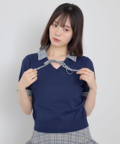 ems excite(エムズエキサイト)の「【セットアップ対応】チェックドッキング襟ニット(ニット/セーター・レディース・ダークブルー/ブラック/ナチュラル・FREE)」の10枚目の写真
