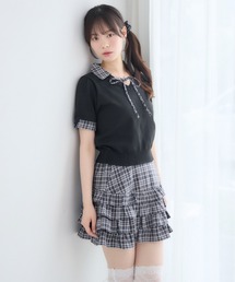 【セットアップ対応】チェックドッキング襟ニット
