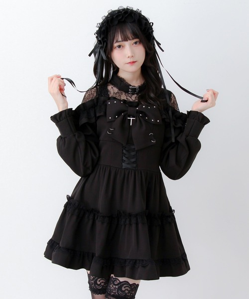 DearMyLove(ディアマイラブ)の「レースオフショルダ風チョーカースタッズリボンワンピース(ワンピース・レディース・ブラック/パープル/ストライプ・LARGE/MEDIUM/3L)」の2枚目の写真