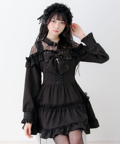 DearMyLove(ディアマイラブ)の「レースオフショルダ風チョーカースタッズリボンワンピース(ワンピース・レディース・ブラック/パープル/ストライプ・LARGE/MEDIUM/3L)」の4枚目の写真