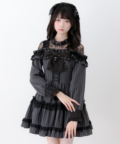 DearMyLove(ディアマイラブ)の「レースオフショルダ風チョーカースタッズリボンワンピース(ワンピース・レディース・ブラック/パープル/ストライプ・LARGE/MEDIUM/3L)」の8枚目の写真