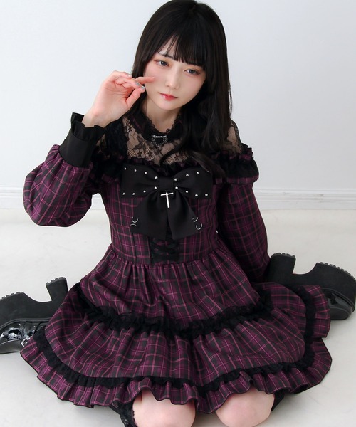 DearMyLove(ディアマイラブ)の「レースオフショルダ風チョーカースタッズリボンワンピース(ワンピース・レディース・ブラック/パープル/ストライプ・LARGE/MEDIUM/3L)」の22枚目の写真