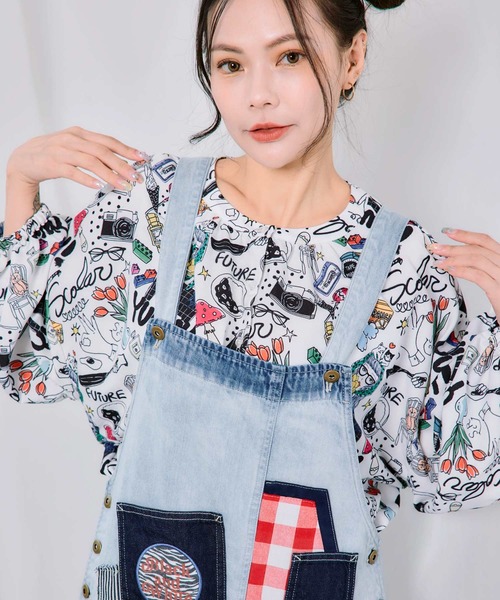 ScoLar（スカラー）の「163616：YUMMYガール柄 ワッシャーシャツ（シャツ/ブラウス・レディース・ブラック/グリーン/オフホワイト・M）」の9枚目の写真