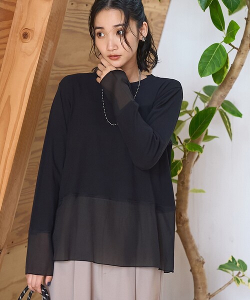 coen(コーエン)の「レイヤード風シアー長袖トップス(Tシャツ/カットソー・レディース・ブラック/ダークブラウン/オフホワイト・L/M)」の2枚目の写真