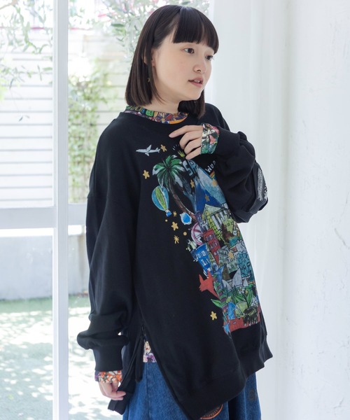 ScoLar（スカラー）の「163652：世界の名所柄 サイドファスナー付きプルオーバー（Tシャツ/カットソー・レディース・オートミール/ブラック/ブラウン・M）」の7枚目の写真