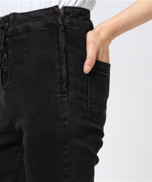 @ ナイン NINE リボン レースアップ ボトム パンツ 黒 スキニー A'GEM/9 × .kom 『RAYOHOPP/レイオホップ』 裾ZIPデニムパンツ