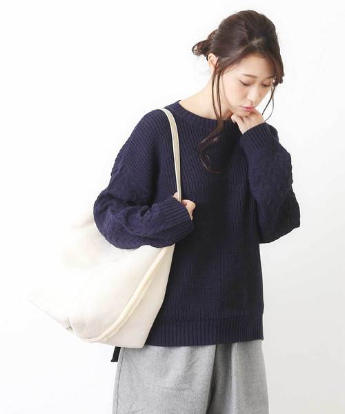 Cube Sugar キューブシュガー の 綿アクリルニット肩開きクルー ニット セーター Wear