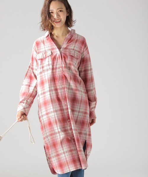 BAYFLOW(ベイフロー)の「オンブレチェックシャツワンピース(シャツワンピース)」|レッド