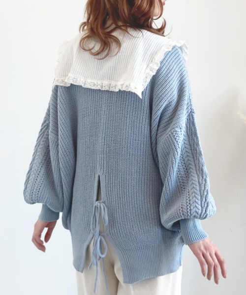 SLURR（スラ―）の「バックリボン透カシケーブルパフSLカーディガン（カーディガン/ボレロ・レディース・オフホワイト/ピンク系その他/ブルー系その他7・FREE）」の2枚目の写真