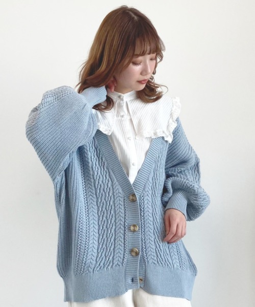 SLURR（スラ―）の「バックリボン透カシケーブルパフSLカーディガン（カーディガン/ボレロ・レディース・オフホワイト/ピンク系その他/ブルー系その他7・FREE）」の6枚目の写真