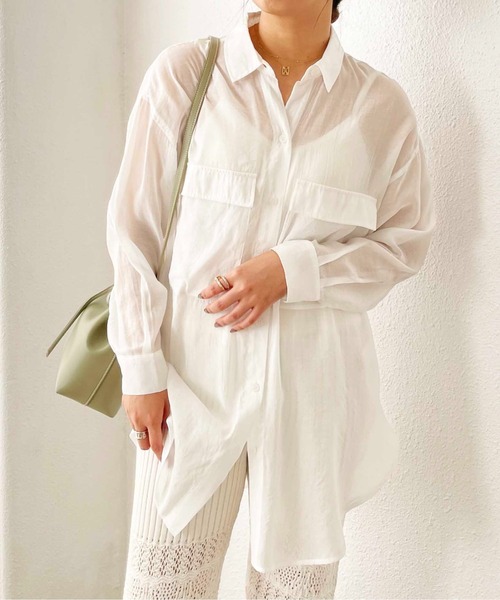 Shelly island（シェリーアイランド）の「BIGポケットシアーオーバーシャツ（シャツ/ブラウス・レディース・ホワイト/ライトグレー/イエロー・M）」の10枚目の写真