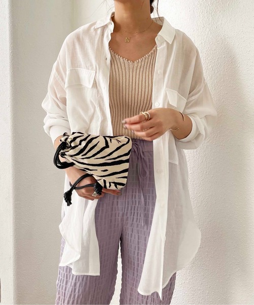 Shelly island（シェリーアイランド）の「BIGポケットシアーオーバーシャツ（シャツ/ブラウス・レディース・ホワイト/ライトグレー/イエロー・M）」の8枚目の写真