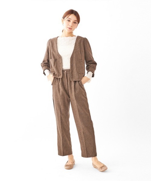 flower（フラワー）の「ハウンドトゥースジャケット（ノーカラージャケット・レディース・ベージュ/ブラウン・FREE）」の18枚目の写真