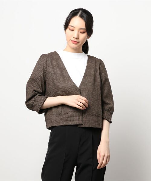 flower（フラワー）の「ハウンドトゥースジャケット（ノーカラージャケット・レディース・ベージュ/ブラウン・FREE）」の21枚目の写真