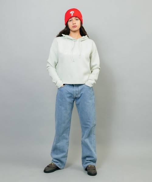 Guess（ゲス）の「GUESS/ゲス HOODIE ALLIE SWEATSH フロントロゴ クロップド丈 プルオーバーパーカー ショート丈 トレーニング（パーカー・レディース・ピンク/ミント・M/S/L）」の11枚目の写真