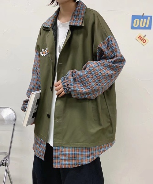 MGV（エムジーヴィー）の「ポイントフラワーオーバーサイズ切り替えチェックシャツ（カバーオール・メンズ・ブラック/カーキ・MEDIUM/LARGE/X-LARGE）」の2枚目の写真