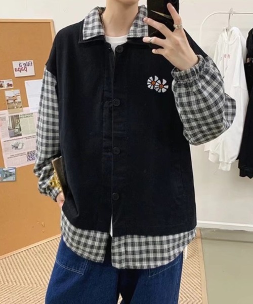 MGV（エムジーヴィー）の「ポイントフラワーオーバーサイズ切り替えチェックシャツ（カバーオール・メンズ・ブラック/カーキ・MEDIUM/LARGE/X-LARGE）」の5枚目の写真