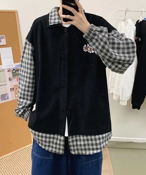 MGV（エムジーヴィー）の「ポイントフラワーオーバーサイズ切り替えチェックシャツ（カバーオール・メンズ・ブラック/カーキ・MEDIUM/LARGE/X-LARGE）」の7枚目の写真