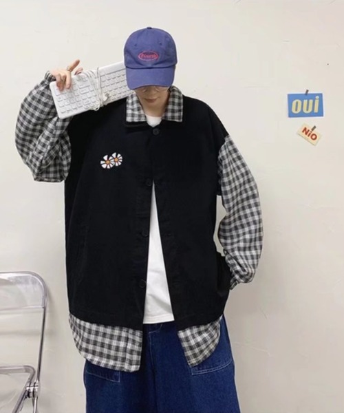 MGV（エムジーヴィー）の「ポイントフラワーオーバーサイズ切り替えチェックシャツ（カバーオール・メンズ・ブラック/カーキ・MEDIUM/LARGE/X-LARGE）」の6枚目の写真