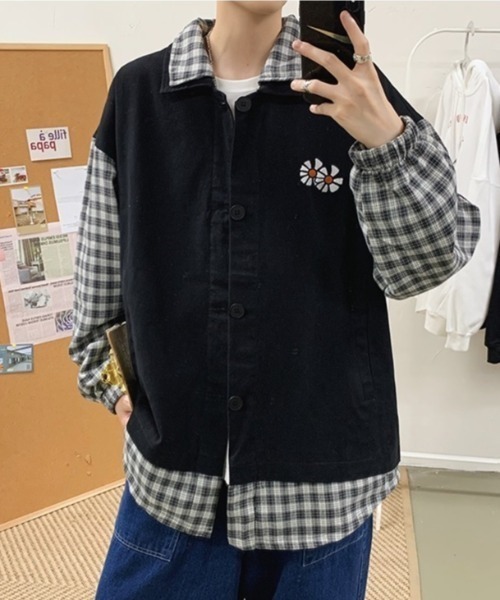 MGV（エムジーヴィー）の「ポイントフラワーオーバーサイズ切り替えチェックシャツ（カバーオール・メンズ・ブラック/カーキ・MEDIUM/LARGE/X-LARGE）」の11枚目の写真