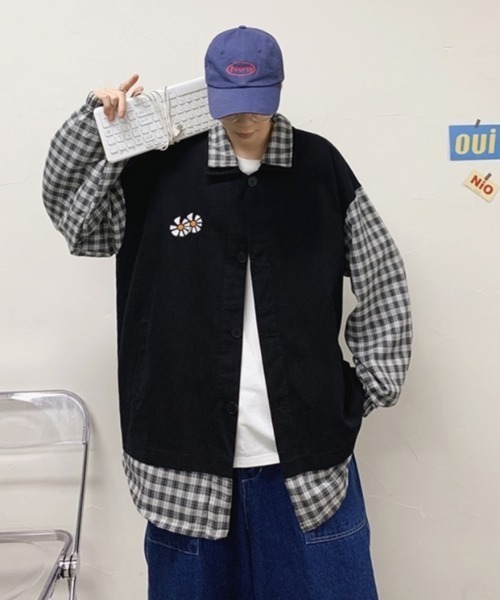 MGV（エムジーヴィー）の「ポイントフラワーオーバーサイズ切り替えチェックシャツ（カバーオール・メンズ・ブラック/カーキ・MEDIUM/LARGE/X-LARGE）」の13枚目の写真