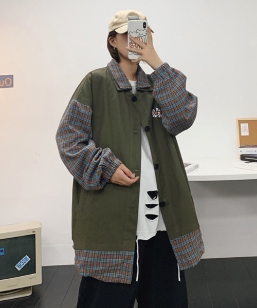 MGV（エムジーヴィー）の「ポイントフラワーオーバーサイズ切り替えチェックシャツ（カバーオール・メンズ・ブラック/カーキ・MEDIUM/LARGE/X-LARGE）」の17枚目の写真