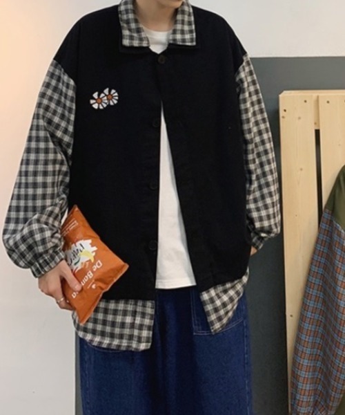 MGV（エムジーヴィー）の「ポイントフラワーオーバーサイズ切り替えチェックシャツ（カバーオール・メンズ・ブラック/カーキ・MEDIUM/LARGE/X-LARGE）」の14枚目の写真