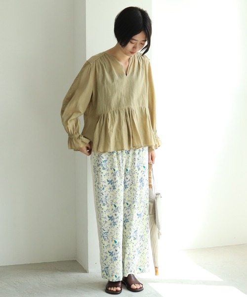 ユニ YUNI 小花刺繡 ノーカラー シャツ ブラウス トップス yuni
